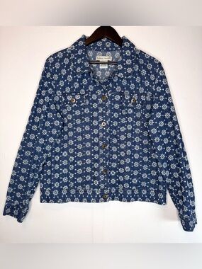 Bamboo Traders Eyelet Jean Jacket sz XL embroidered floral blue white feminine